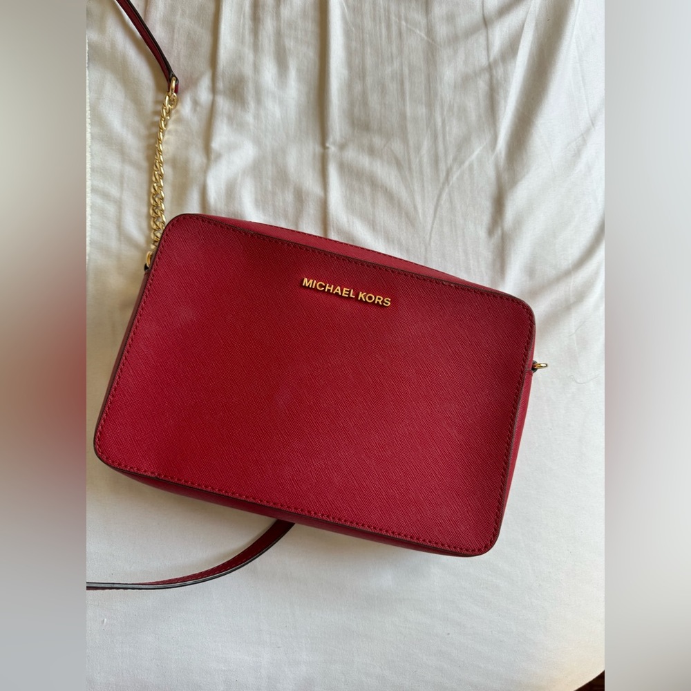 Red leather michael kors crossbody bag with gold hardware